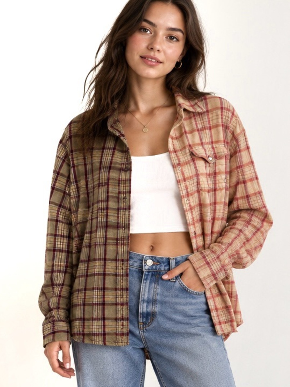 Upcycled Element Two-Tone Plaid Shirt Tan / Peach